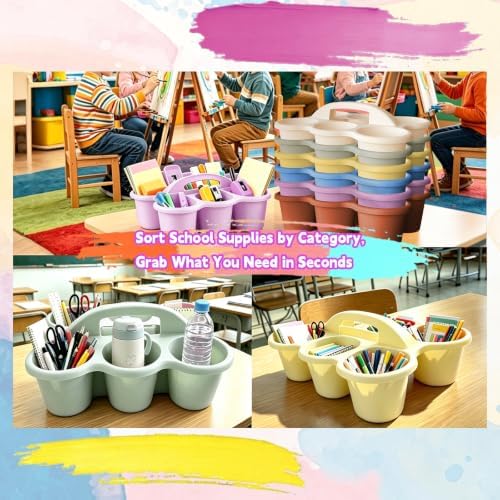 6 Pack Classroom Caddy Organizer with Handle Macaron Plastic Table Caddy 6 Compartments Storage Cup Holder for School Supplies Art Crafts Crayons Pencil Stackable Desk Caddy for Office Home
