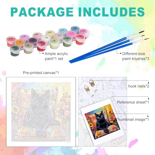 Paint by Numbers Kit for Adults, Black Cat Number Painting, 16 x 16 Inch | DIY Adult Paint by Number Kit on Canvas for Beginners, without Frame, Black Cat Wall Decor, Stress Relief Craft Gift