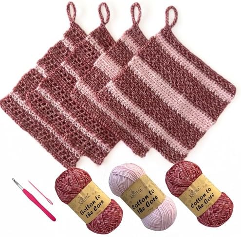 KnitPal Dishcloth Crochet Kit for Beginners (Cherry Red + Blush Pink)