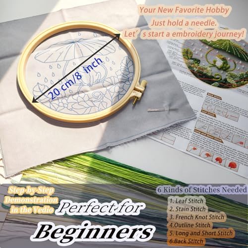 FONNUY Embroidery Kit for Beginners - Frog Under Lotus Leaf DIY Cross Stitch Set, Pre-Printed Fabric with 8’’ Hoop, Cute Rainy Day Art Craft for Adults, Home Decor & Handmade Gift (Green 03)
