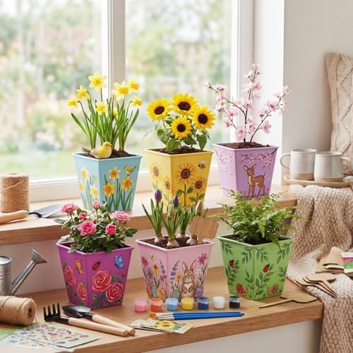 6 Sets Flower Pot Painting Kit DIY 6 Colorful Metal Iron Plant Pots Acrylic Paint Stickers Brushes Plant Labels Gardening Tool Kit for Planting Crafts Mother's Day Graduation Creative Gift
