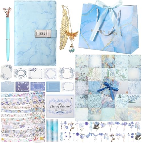 Janlaugh DIY Journal Diary with Lock Pack Scrapbook Kit, Blue, Cute | Stationery Diary Supplies, Scrapbook Supplies Art Crafts Kit for Birthday Holidays Ideal Gifts, Feather Bookmark Stickers