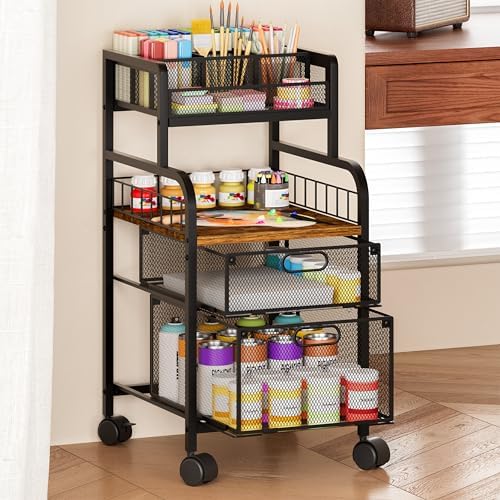 SWTYMIKI Rolling Cart with Drawers - Metal Craft Cart with Wheels, DIY Divider and Wood Shelf, Art Supply Organizer for Under Desk Storage, Utility Storage Cart for Home Office Studio, Espresso