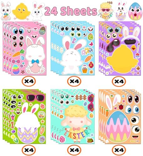Easter Stickers - DIY Happy Easter Egg Bunny Sticker for Kids, Easter Crafts Stickers Kids Game Toys Gift Party Favor Supplies(24 Sheets)
