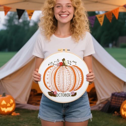 Easy Beginners Embroidery Stitches Practice Kits for Adults, Fall Pumpkin Embroidery Starters Kits for Beginners to Learn 26 Stitches, Autumn Hand Embroidery Set Craft for Women & Video Tutorial