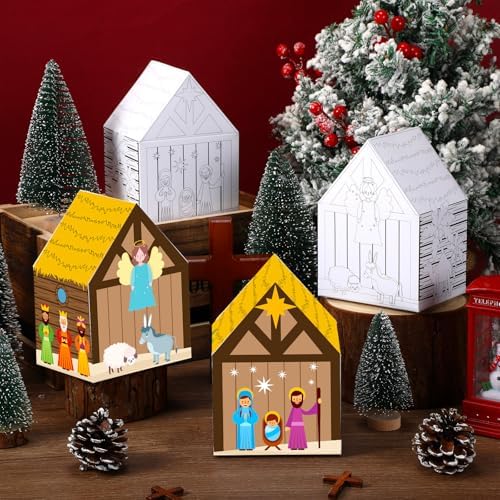 Tenceur 24 Sets Christmas Nativity Crafts Color Your Own Xmas Nativity 3D House Gift Make Your Own Jesus Birth Scene for Holy Night Christian Party Favor Religious Decor Sunday School Project
