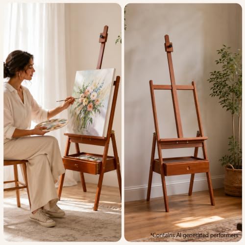 DJAR Medium Wooden H-Frame Art Easel with Storage Drawer, Walnut