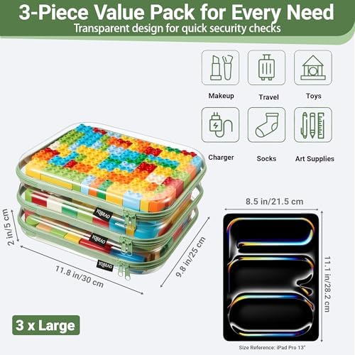 YQBRAO Clear Hard Shell Zipper Cases, 3 Large Travel Organizers, Green