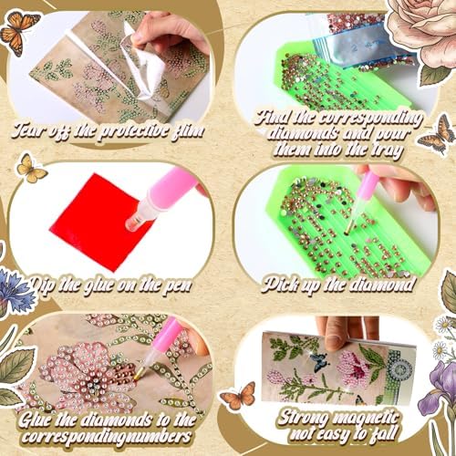 Saillong 12 Pack Vintage Floral Diamond Painting Greeting Card Kits Retro French Flower Diamond Art Cards with Envelopes Pink Flowers 5D Rhinestones Painting Kit for Adult DIY Craft Family Friend Gift