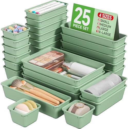 KEMETHY 25 PCS Plastic Drawer Organizers Set, 4 Sizes Vanity Organizer, Makeup and Desk Drawer Organizer Trays, Organization and Storage for Makeup, Bathroom, Kitchen Utensils and Office (Green)