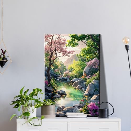 JOOZ Paint by Numbers Kit for Adults with Frame, Landscape Paint by Number Canvas, Mountain Paint by Numbers with Easel, DIY Flowers Scenery Oil Painting Kit for Home Wall Decor 8 x 12 Inch