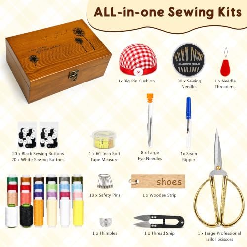 Sewing Kit, Wooden Sewing Kit Box for Adults, Wooden Sewing Basket with Accessories, Home Sewing Basket Stitching Repair Kit for Beginner, Women, Men,Vintage Embroidery Scissors Kit (Retro Brown)