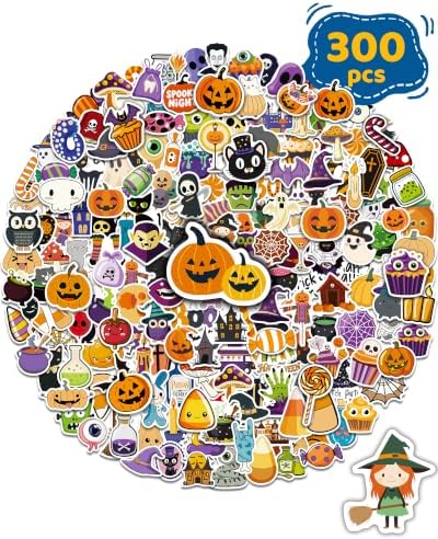 300 PCS Halloween Pumpkin Stickers,Waterproof Vinyl Water Bottle Stickers | Halloween Treats Non Candy, Party Favors Gifts, Goodie Bags Stuffers, Halloween Prizes, Laptop Sticker for Kids Teens Adults