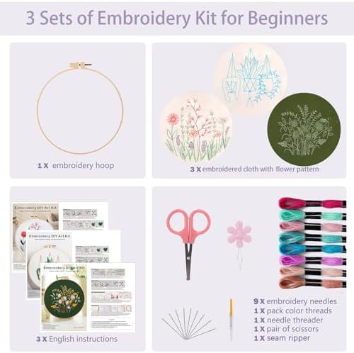 Offizon 3 Sets Embroidery Kit for Beginners Adult DIY Cross Stitches