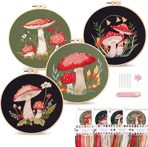 Harimau Adult Beginner Embroidery Starter Kit, Complete Set with 4 Patterns, 2 Hoops, Needles, Scissors, Instruction Guide & Stitching Video Tutorials