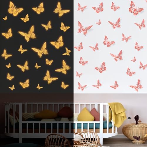 SAOROPEB Glow in The Dark 3D Butterfly 24 Pcs Orange Butterfly Stickers | 3 Sizes, Luminous Butterfly Stickers for Ceiling all, Glow in The Dark Party Supplies, Stickers for Kids Babys Nursery