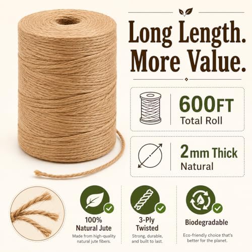 2mm 164FT, 600FT, 1200FT, 1800FT Natural Jute Twine Rope String