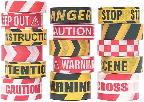Caution Line Washi Tape Set 16 Rolls Yellow Red Boundary Masking Transportation Toy Decorative Tapes for Arts, DIY Crafts, Journals, Planners, Scrapbook, Wrapping