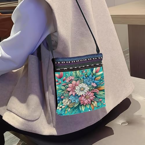 LSQFS Diamond Painting Crossbody Bag, DIY 5D Diamond Art Kits for Adults, PU Leather Art Bag with Adjustable Strap, Flower Pattern Gem Art for Adults, Craft Kits for Adults Women