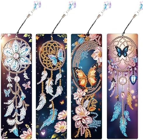 4 Pack Diamond Painting Bookmarks for Adults, 5D DIY Diamond Art Bookmark Kit with Tassels, Rhinestone Craft Supplies for Reading Lovers, Dreamcatcher & Butterfly Designs