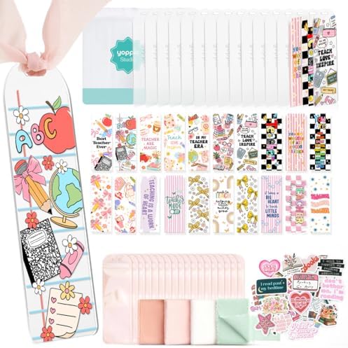 YOPPIX 6x2” Acrylic Bookmark Blanks- 20 Set Bookmark Making Kit with 20 UV DTF Stickers About Teacher Theme 20 Ribbon 80 Bookish Stickers for DIY Your Crafts Gift for Teacher
