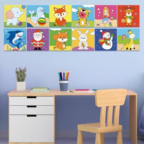 Anseal 12 Packs Pre Drawn Canvas to Paint, 4" X 4" Animal Pre-Printed Canvas Paint Party, Stretched Outline Painting Boards for Beginners, Party Favor