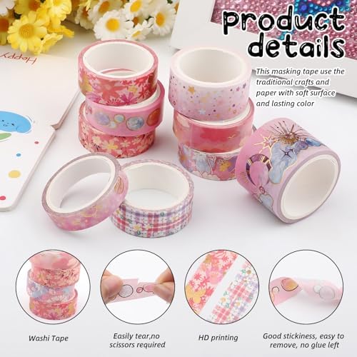 9 Rolls Gold Floral Washi Tape Set,Gold Foil Pink Floral Pattern Decorative Tape,Butterfly Star Decorative Masking Tapes for DIY Scrapbook Design Journaling Handbook Making Card Wrap Craft Gift