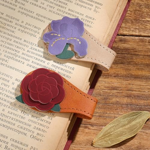 2PCS Vintage Magnetic Leather Bookmark, Leather Magnetic Bookmarks for Women,Unique Book Marks Gifts for Book Lovers, Magnetic PU Bookmarks Clip Book Accessories for Adults & Kids, Iris & Camellia