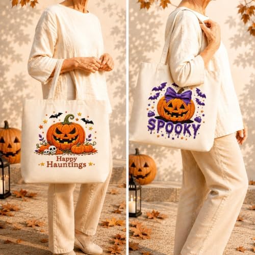 ARTopet Embroidery Tote Bag Kit for Beginners Halloween Canvas Cross Stitch Handbag with Hoops Needles Threads Reusable Grocery Bag for Women-Pumpkin Ghost