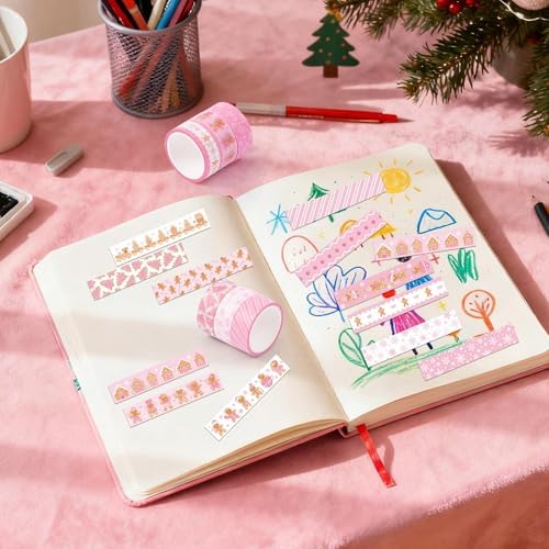 Pink Gingerbread Washi Tape - 12 Rolls Easy Tear Christmas Holiday Themed Tapes with Gingerbread Man & Snowflake Designs for Journal Decor, Gift Wrapping, Scrapbook, DIY Crafts Party Supplies