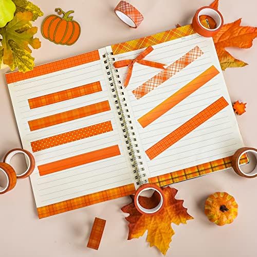 Whaline 12 Rolls Fall Plaid Washi Tapes Orange Red Buffalo Plaid Decorative Tape Autumn Solid Color Polka Dots Patterned Masking Tape for Fall Scrapbook Journal DIY Craft Gift Wrapping, 0.6Inch