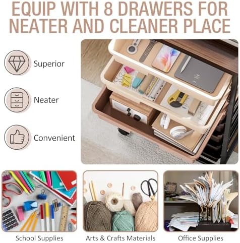 TOOLF Rolling Storage Cart with 8 Drawers,Brown | Utility Cart on Wheels with Wooden Tabletop,Teacher Organization for Classroom, Art Cart for Office,Bedroom,Craft Room