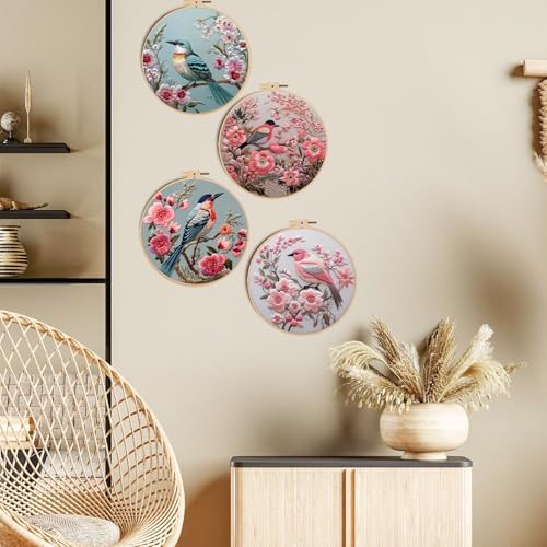 FONNUY Embroidery Kit for Beginners, Hummingbird Flowers Pre-Stamped Pattern Kits for Adults with Hoop, Easy to Follow Color Thread Needlework, 8''Hoop (Blue)