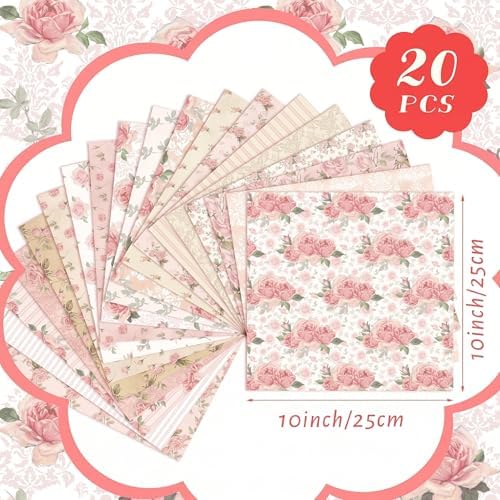 HunnmingRe 20 Pcs 10''x10'' Vintage Pink Roses Quilting Fabric Squares