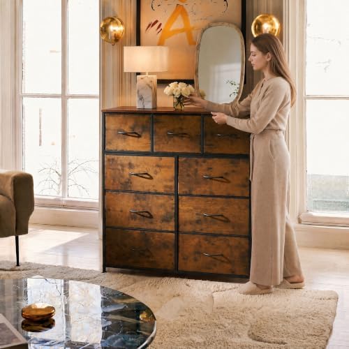WLIVE Tall Dresser for Bedroom, 9 Drawer Chest of Drawers, Rustic Brown | 9 roomy fabric drawers, Tall storage design, Bedroom or closet use, Sturdy steel frame, Smooth wood tabletop