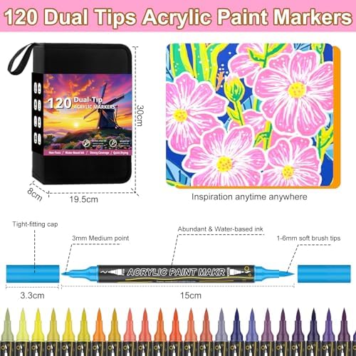 120 Colors Dual Tip Acrylic Paint Markers, Fine & Brush for Rock Wood Glass