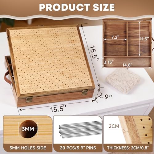 15.5" Crochet Blocking Board with Storage Drawer & Pegs for Crochet Project
