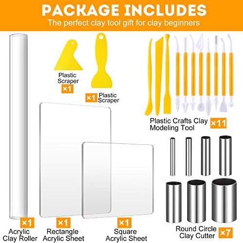 Honoson 23 Pcs Clay Sculpting Tools Set with Roller Cutters,Yellow | Acrylic Mat, Metal Round Cutters, Scraper Board, Ideal for Polymer Clay Crafts, Art Sculpting, Shaping and Modeling Projects