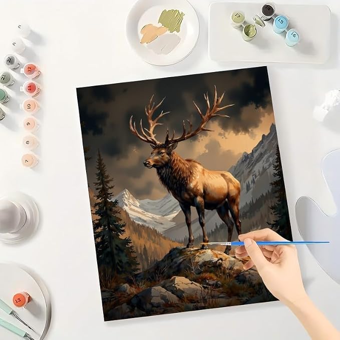 Wildlife Paint by Numbers Kit for Adults - DIY Elk on Mountain Cliff Painting on Canvas 16x20 Inches, Acrylic Paint Set, Suitable for Beginners, Nature Art for Home Decoration or Gifts