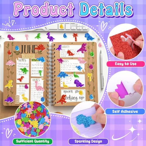664 PCS Glitter Foam Stickers, Foam Dinosaur Stickers for Crafts, 8 Colors
