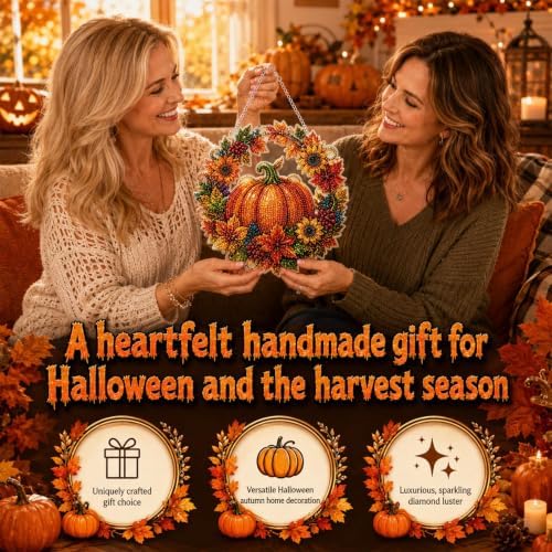 Silkivana Autumn Harvest Pumpkin Diamond Art Hanging Ornament Kit, DIY Acrylic Diamond Painting Hanging Sign for Window Wall Garden Home Fall Decor Handmade Craft Set