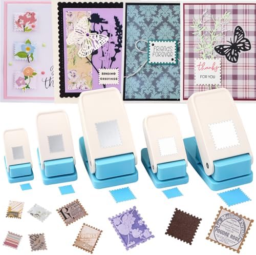 5Size Stamp Punch, 1.5x1.25in & 1x0.8in & 0.6x0.5in Rectangle Postage Stamp Shaped Punch, 1.5inch & 1inch Square Stamps Hole Puncher, Paper Punches for Crafting DIY Scrapbooking Journaling Card Making