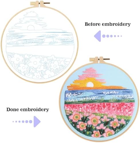 spicssa 2 PCS Embroidery Kit for Beginners, Hand Needlepoint Kits for Adults with Pre-Stamped Patterns, 7.8-Inch Hoop, Threads & Needles, Step by Step Instructions