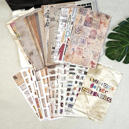 Doraking 38 Sheets Vintage Letter Washi Stickers and Scrapbook Papers for Journaling, Pre-Cut Aesthetic Washi Stickers Material Paper for Scrapbooking Junk Journal Supplies DIY Crafts Arts