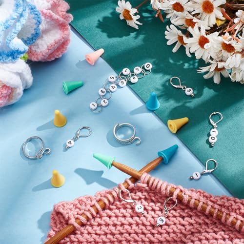 NBEADS Knitting Row Counter Chains Kits, Including 10Pcs Number Beads Stitch Markers 20Pcs Knitting Needle Stoppers 1Pc Counter Chains 2Pcs Yarn Guide Finger Holders for DIY Knitting