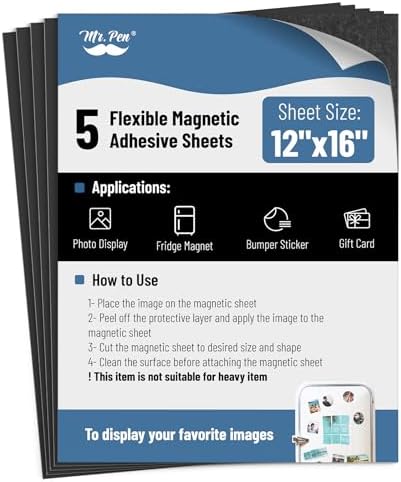 Mr. Pen- Adhesive Magnetic Sheets, 12" x 16", 5 Pack, Cuttable Magnets Flexible Magnet Sheets with Adhesive for Crafts Photos, Classroom Decorations, Easy Peel and Stickers for Planning