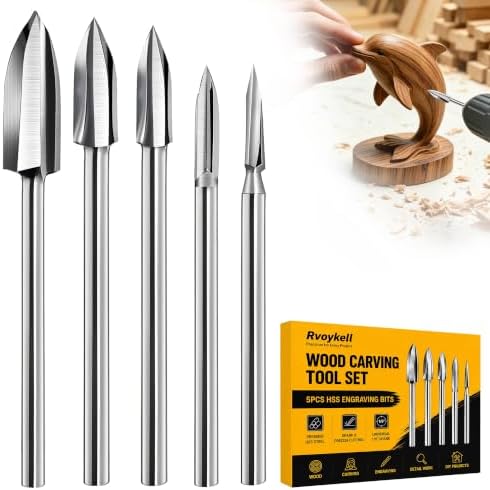 Wood Carving Drill Bits Set, 5PCS HSS Engraving Burr Bits with 1/8" Shank, Compatible with Dremel Rotary Tool for Wood Carving, Woodworking, Grinding, DIY Crafts and Detail Work
