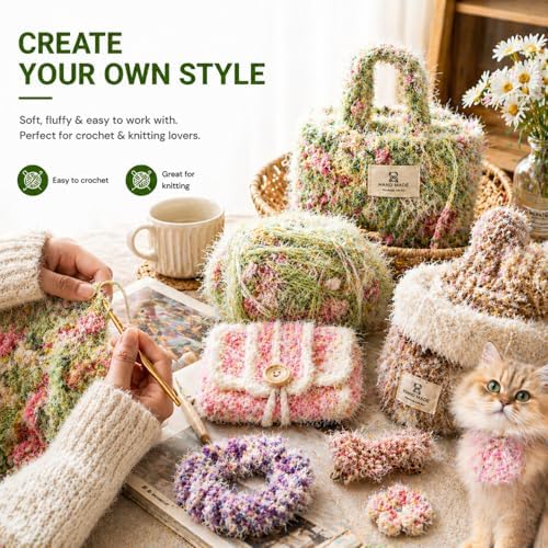 Soft Fancy Yarn for Crochet and Knitting, Novelty Art Yarn for DIY Crafts, Textured Decorative Yarn for Weaving, Handmade Projects and Home Decor (Cream Pink)