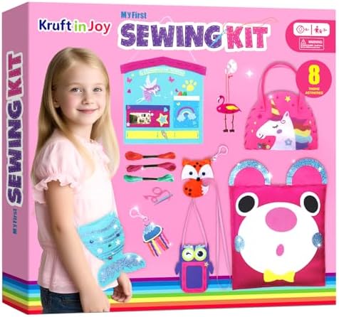 Kruft in Joy My First Sewing Kit Fun Felt Craft for Kids-8 Easy DIY Project twiggle Stuffed Animal Doll Plush Pillow Bag Charms Unicorn Mermaid Bear Fox Owl,Learn to Sew Embroidery Gift for Girl 5 12