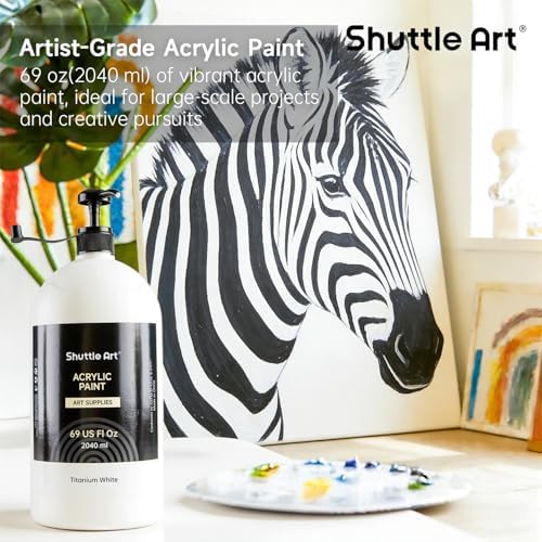 Shuttle Art Titanium White Acrylic Paint, 69oz/2040ml Large Capacity Pump Bottle with Cover, Fast Drying Non-Toxic, High Coverage Titanium White Paint for Kids, Artists, Students & DIY Crafts